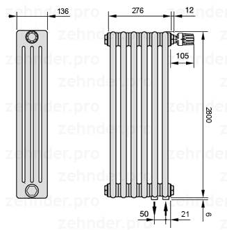 Схема (чертеж) Радиатор Zehnder Charleston 4280/6 №V002 Белый глянцевый RAL 9016